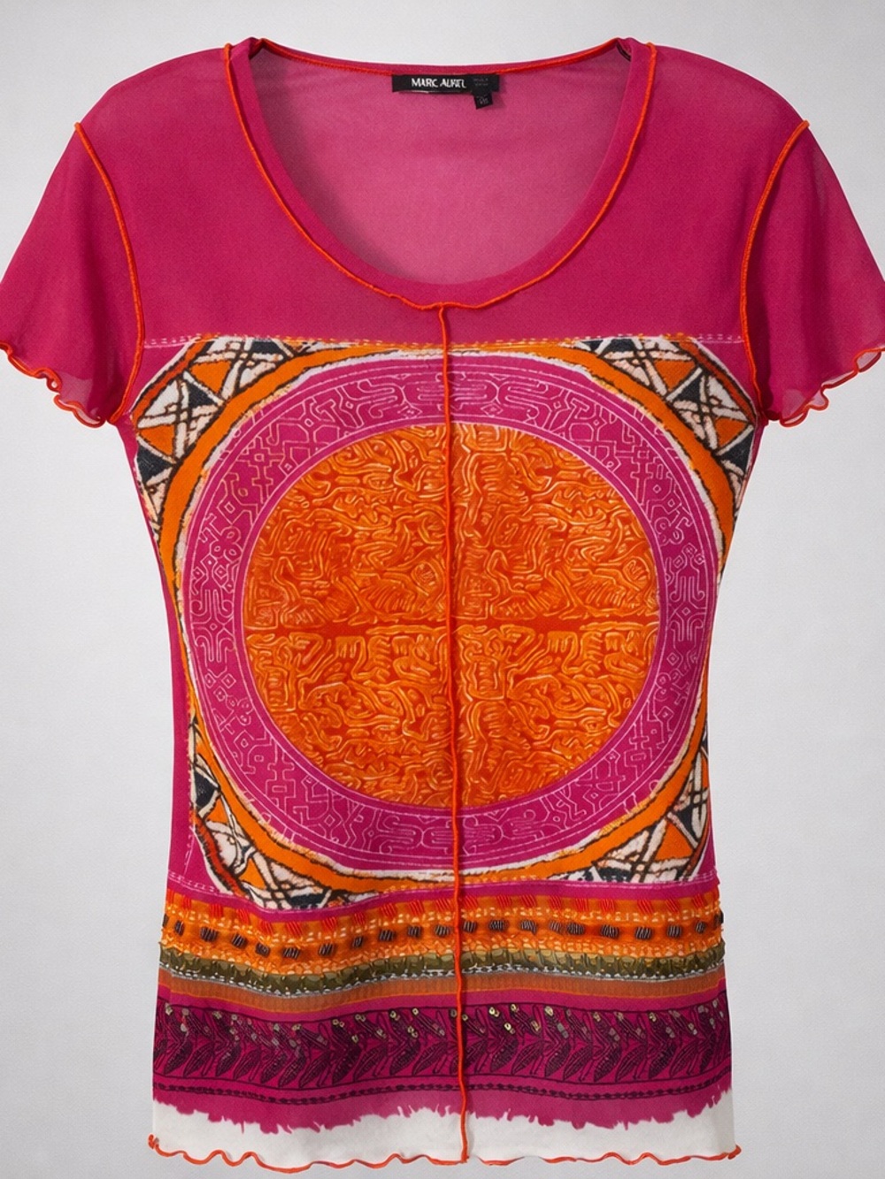 Marc Aurel Sheer Mesh Top Pink Orange Stripe Boho Blouse EU 38